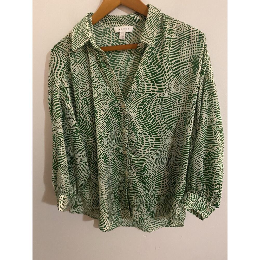 Topshop Green Printed Blouse Size 8 - Picture 5 of 6